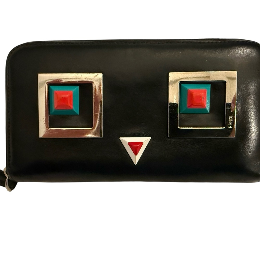 Fendi Vitello Century Hypnoteyes Zip Around Wallet in Black